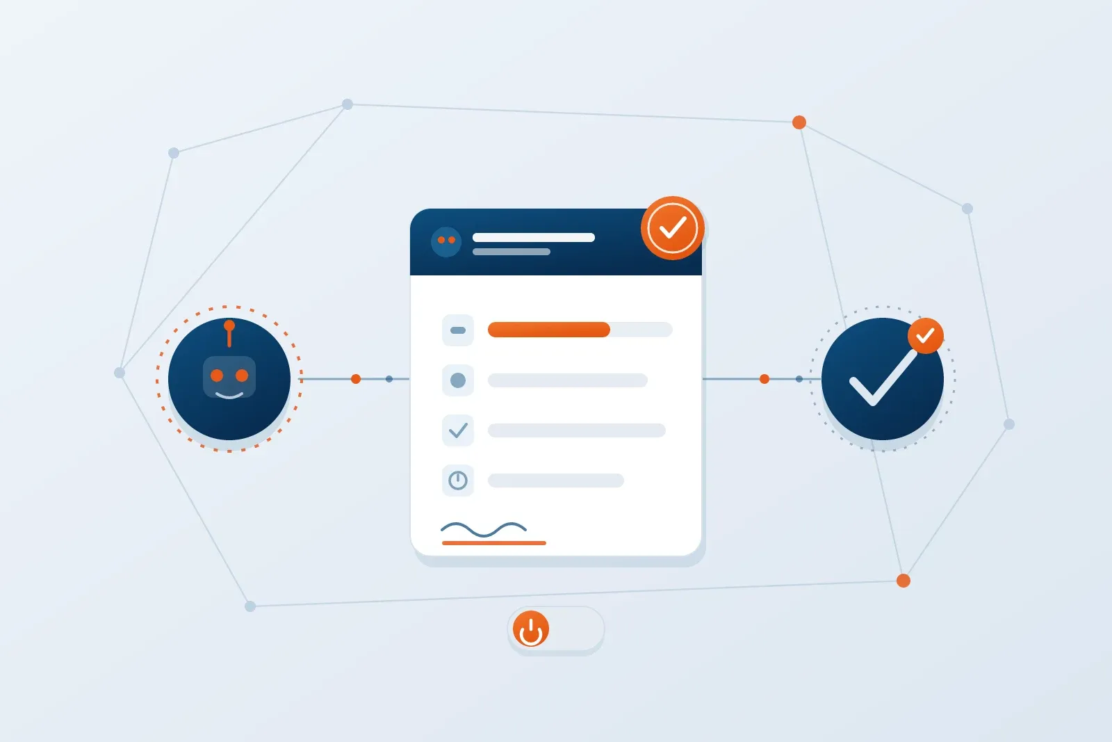 An AI agent node linked to a signed, scoped mandate card and a verification checkmark, with a cryptographic kill-switch toggle - a power of attorney for machines