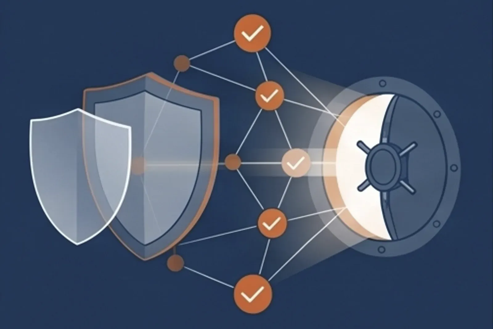 Layered shields and a network of validated nodes — abstract illustration of AML/KYC and sanctions compliance