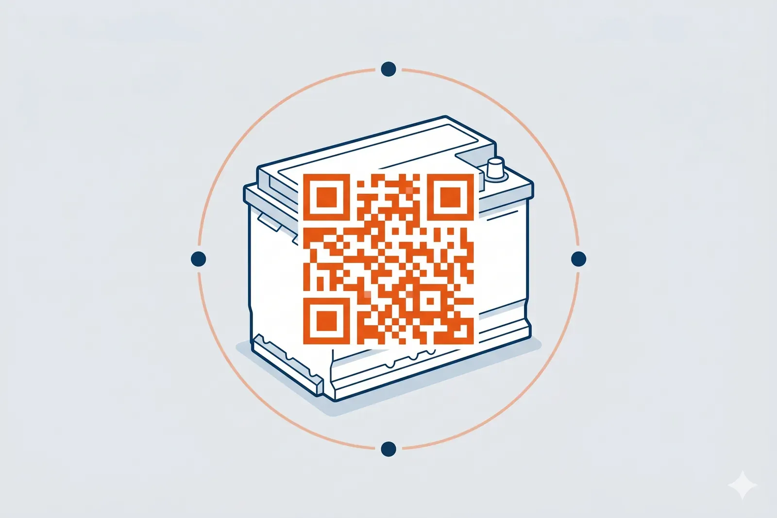 Stylized physical product with a glowing orange QR-code overlay and a circular orange traceability arc — Digital Product Passport illustration