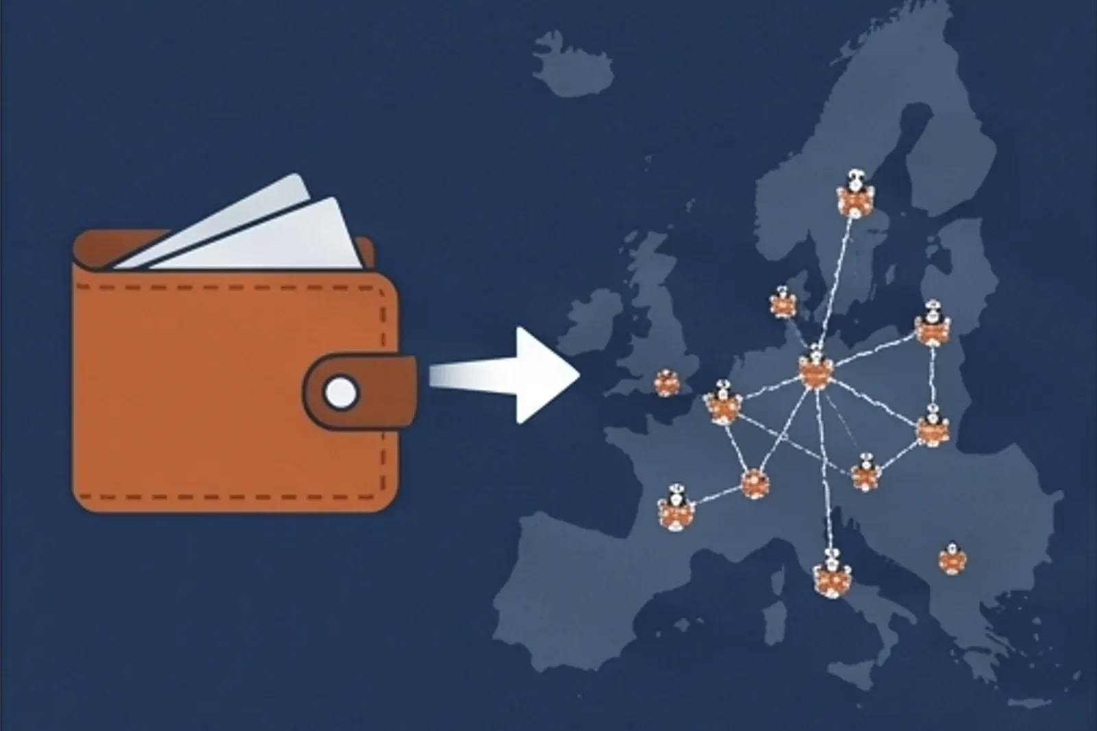 EU Digital Identity Wallet at the centre of a constellation of trust anchors — eIDAS 2.0 illustration