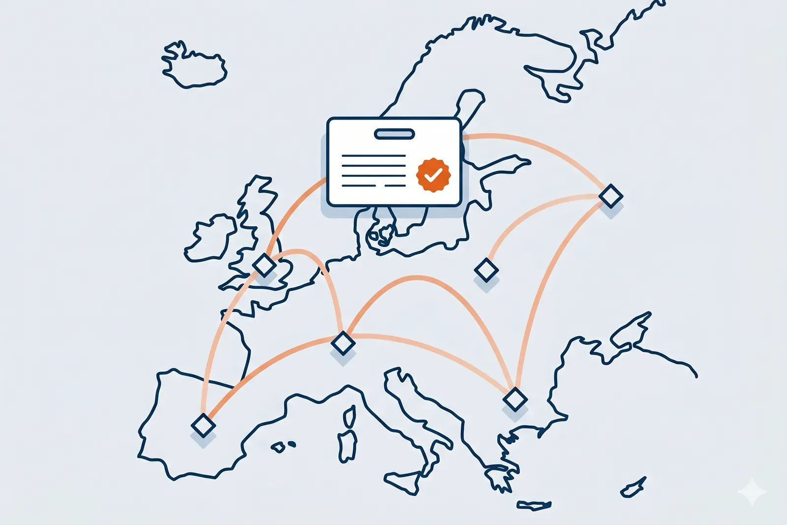 Abstract European map outline with trust-anchor diamond markers connected by orange arcs and a centred verifiable credential card — cross-border interoperability illustration