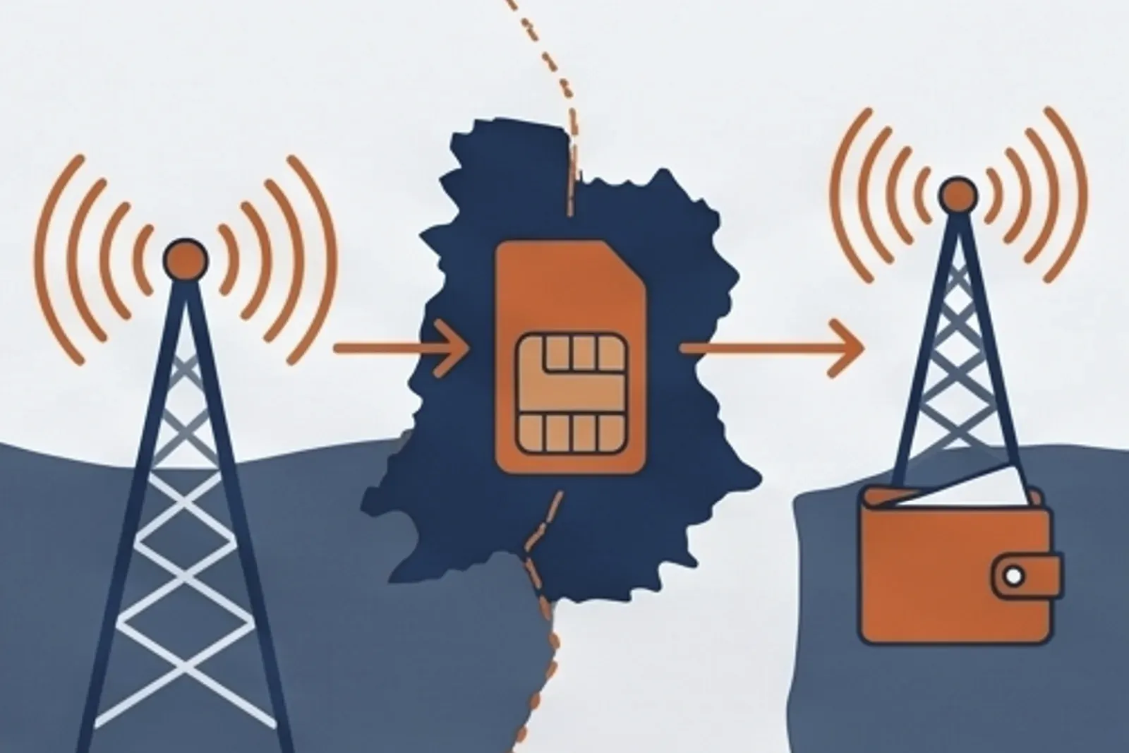 Signal waves crossing borders with a SIM-to-identity transformation — telecommunications identity illustration