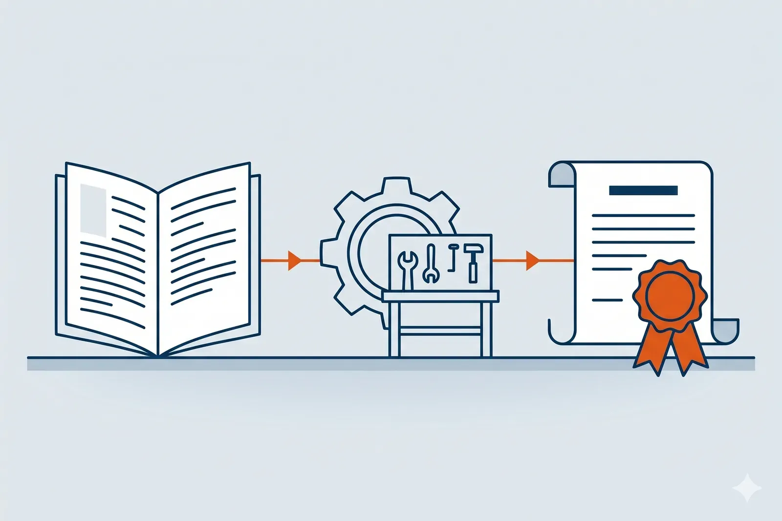 Three-step learning progression: a navy-outlined policy book on the left, a workshop bench in the centre, and a certification scroll with an orange seal on the right — connected by a thin orange progression line with arrowheads