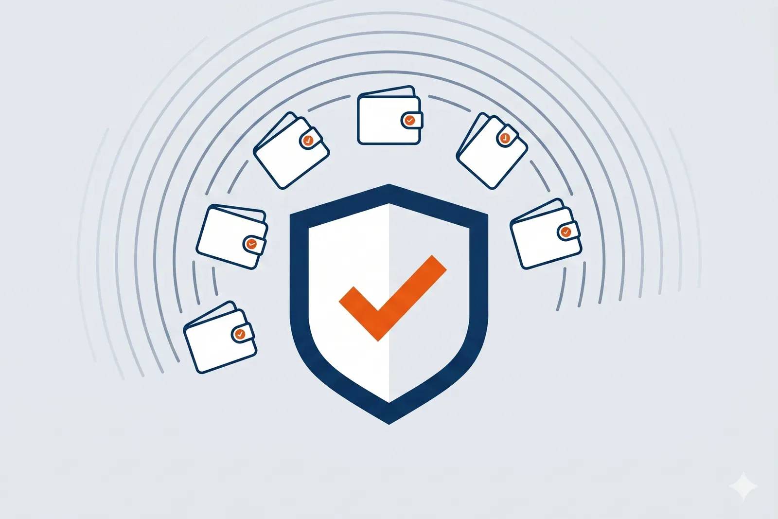 Central navy shield with an orange checkmark, surrounded by a fanned array of small wallet cards — illustrating trust and scale across millions of verifications